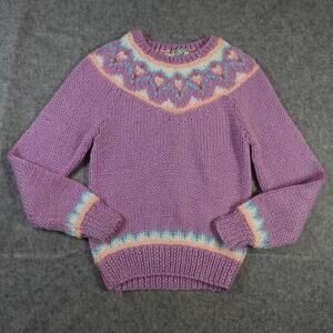 Vintage EV Ltd Sweater Womens S? Hand Knit Fair Isle Nordic Chunk Purple 1980s